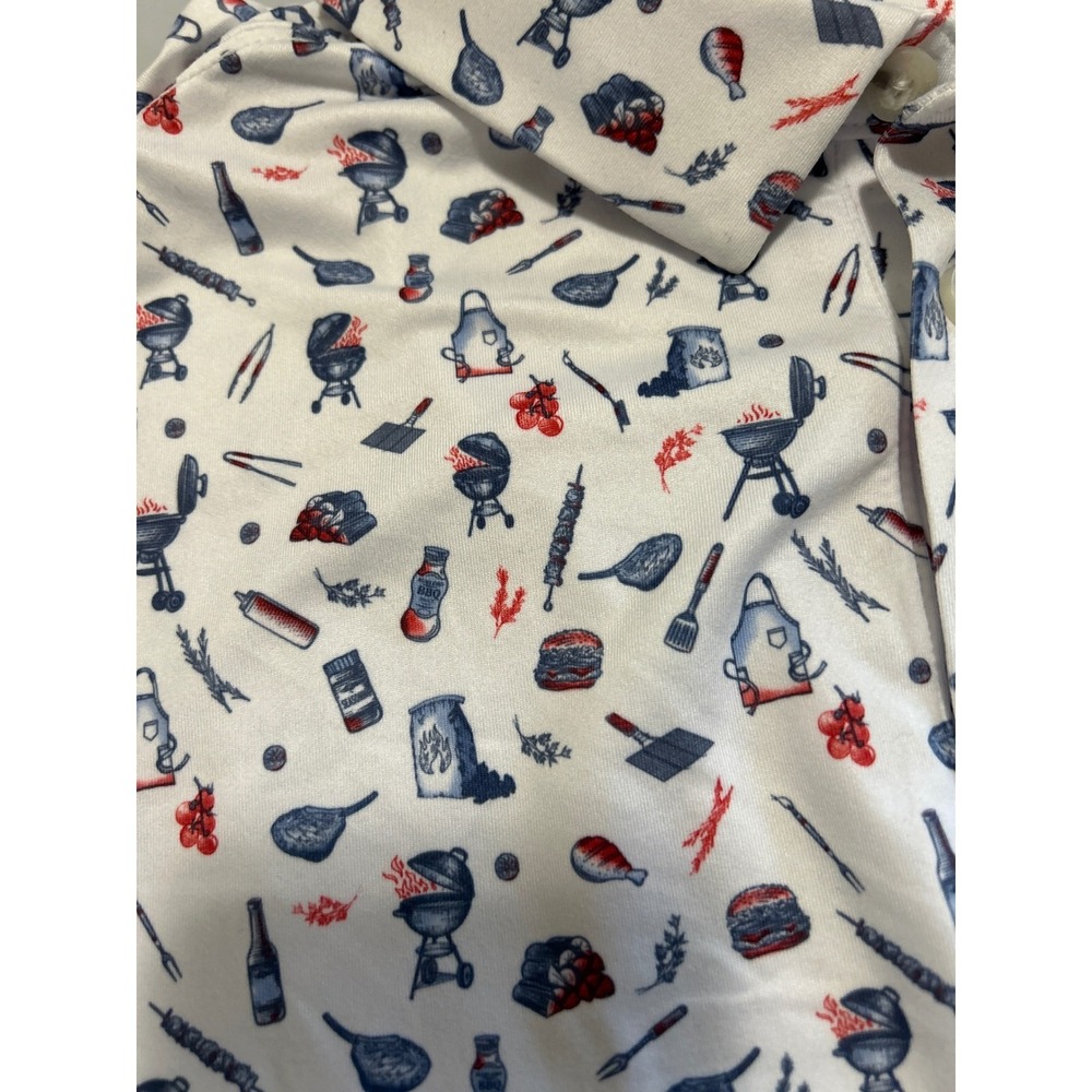 Burlebo Mens Performance Polo Shirt Large White BBQ Grill Print UPF 50 NWT - Picture 5 of 12